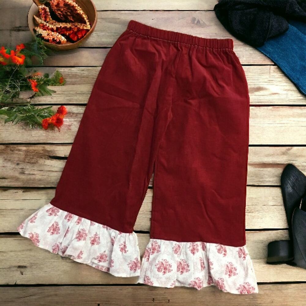 Boutique Handmade Girls Pants Sz 4 Hand Made Dark Red Corduroy White Floral